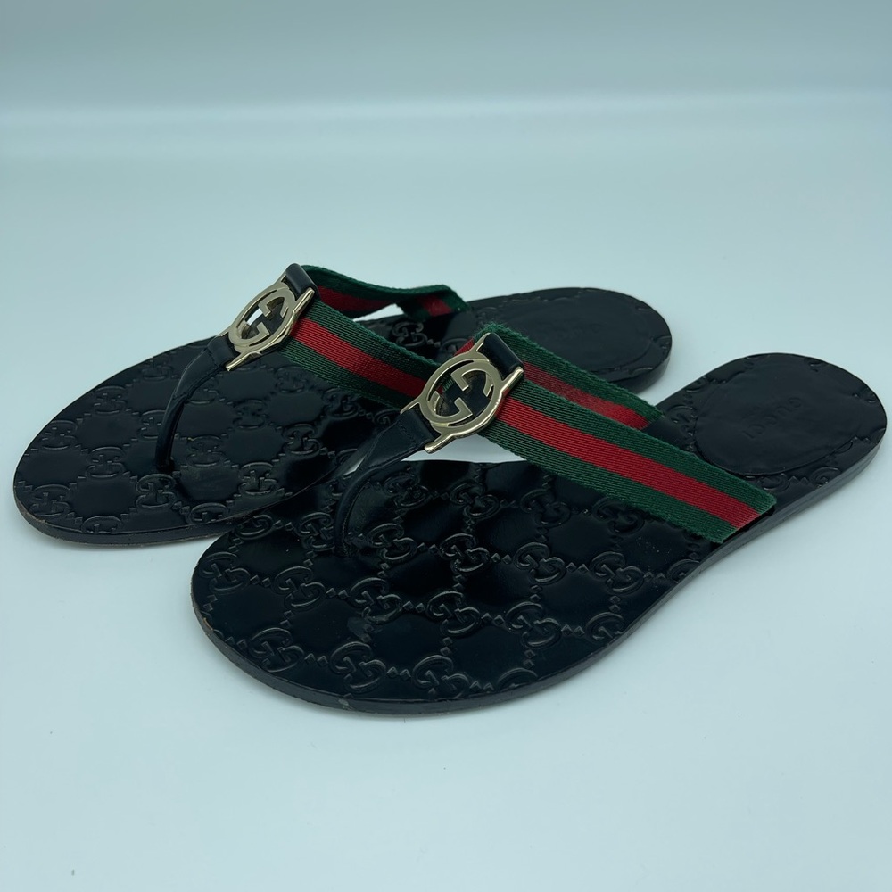 Gucci Black Flip-Flops with Red and Green Straps
